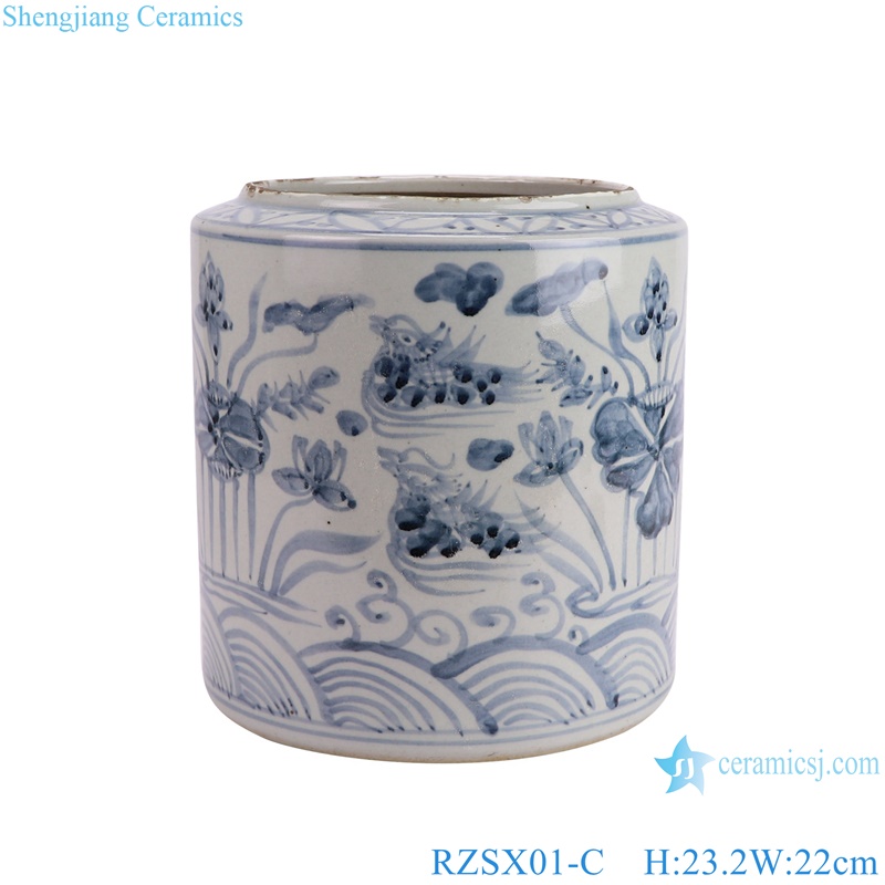 RZSX01-c Antique Chinese Blue and White Pen Holder Vases Mandarin Duck Playing in Water table holder