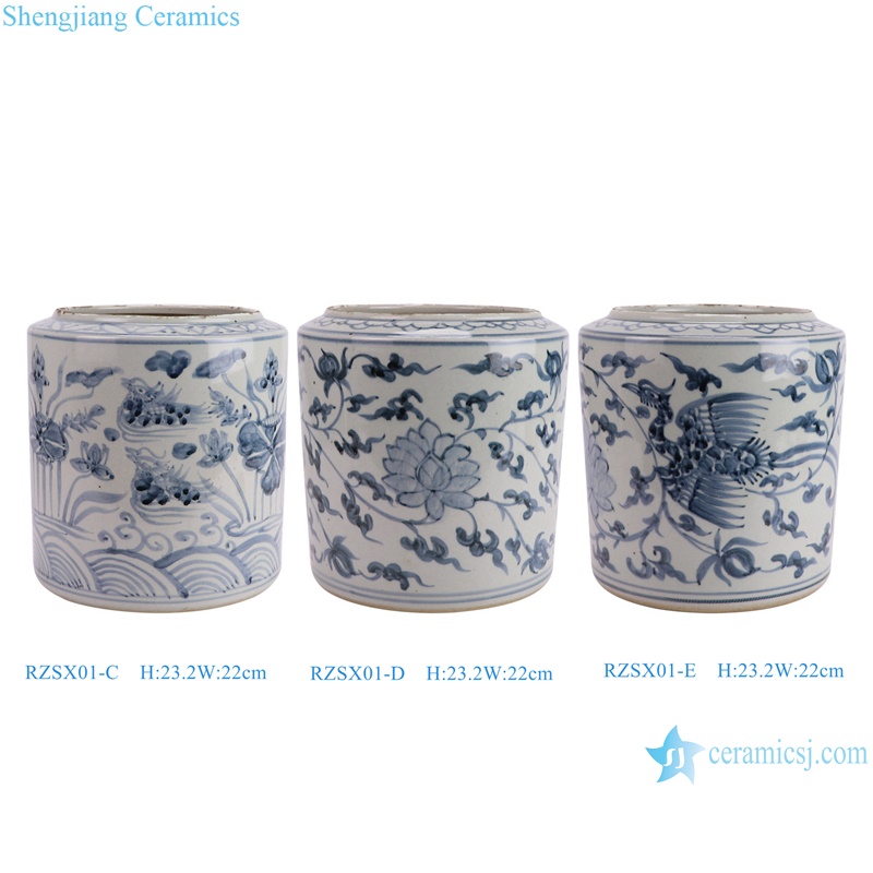RZSX01-c-d-e Antique Chinese Blue and White Pen Holder Vases Twisted flower Phoenix Mandarin Duck Playing in Water