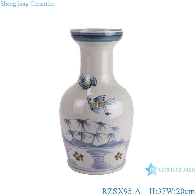 RZSX95-A Red flower bird bamboo pattern stick hammer bottle Chinese blue and white Ceramic Flower Vase