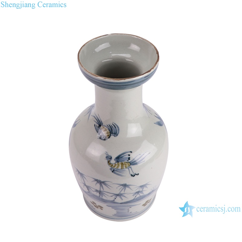 RZSX95-A Red flower bird bamboo pattern stick hammer bottle Chinese blue and white Ceramic Flower Vase--vertical view
