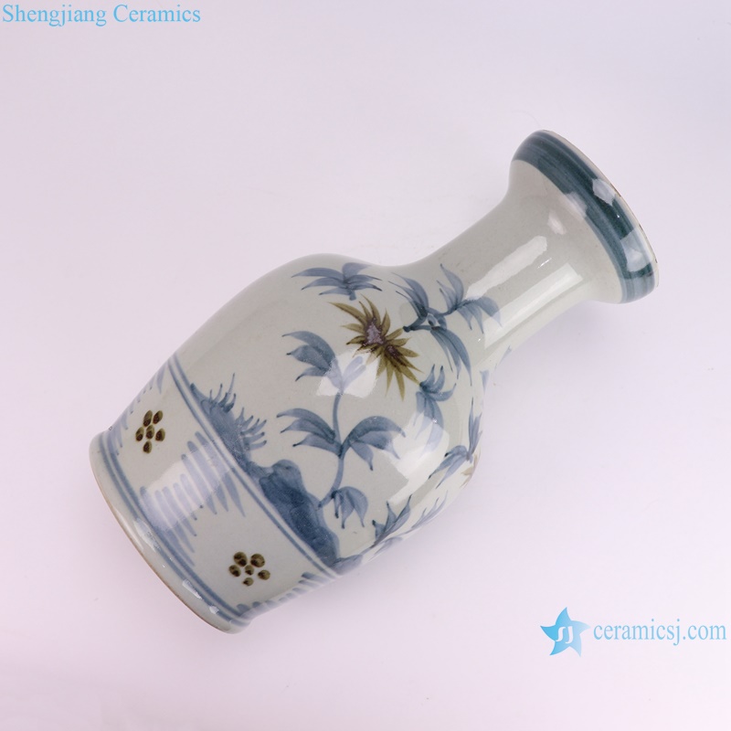 RZSX95-A Red flower bird bamboo pattern stick hammer bottle Chinese blue and white Ceramic Flower Vase--lay down