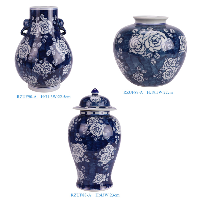 beautiful blue and white peony pattern temple jar for home decoration