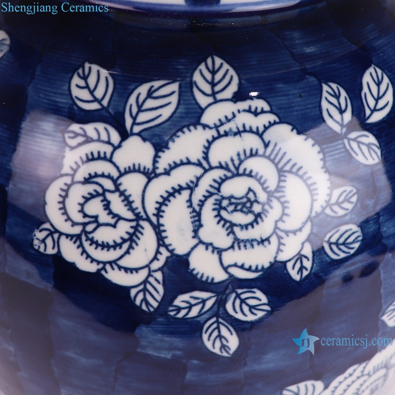 RZUF88-A 17inch beautiful blue and white peony pattern temple jar for home decoration