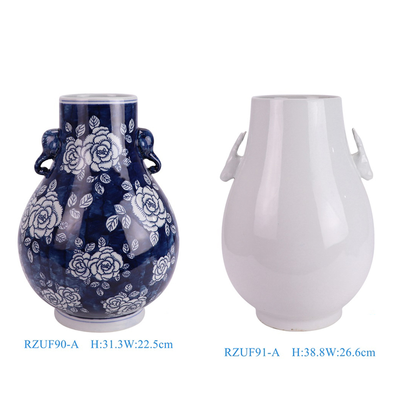 RZUF90-91-A beautiful blue and white peony floral pattern both ears ceramic vase for home decoration