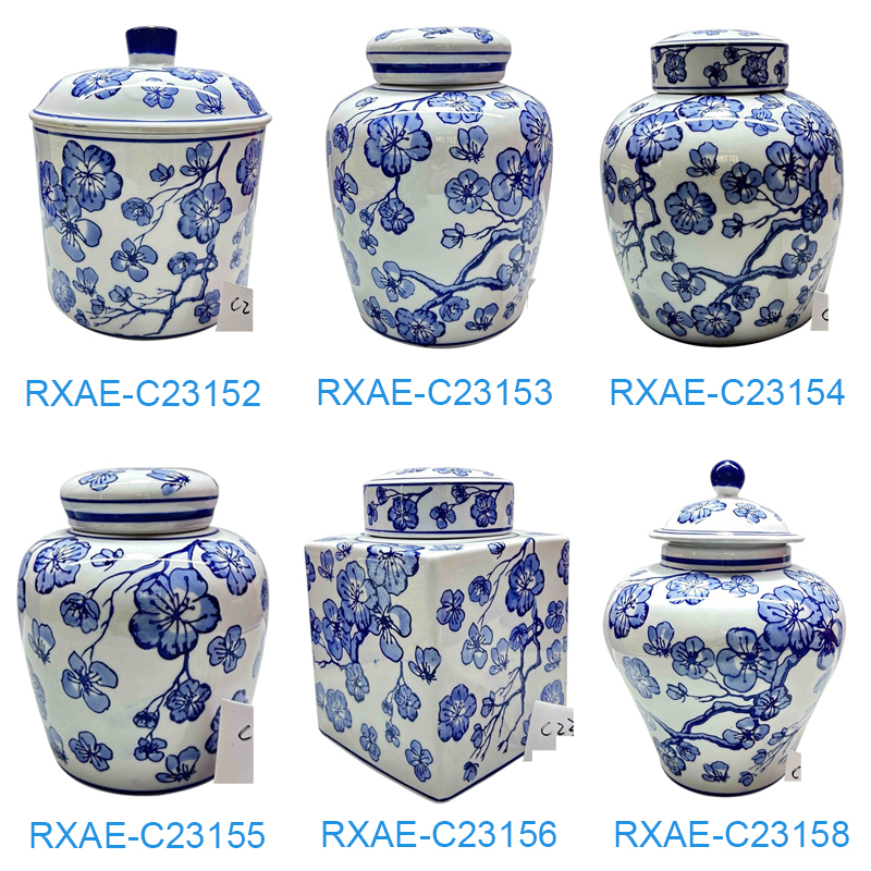 RXAE series blue and white beautiful floral pattern ceramic lidded jar for home decoration
