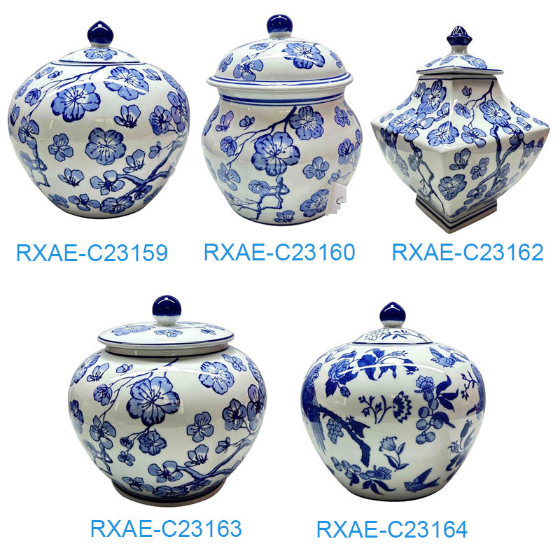 RXAE series blue and white beautiful floral pattern ceramic lidded jar for home decoration