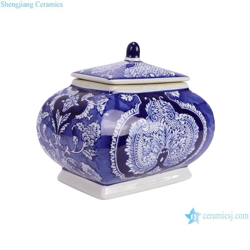 RXAE-FL21-437 Blue and White Porcelain Twisted flower pattern Square shape ceramic Lidded Jar--side view