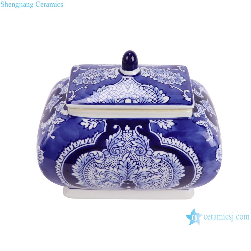 RXAE-FL21-437 Blue and White Porcelain Twisted flower pattern Square shape ceramic Lidded Jar--vertical view