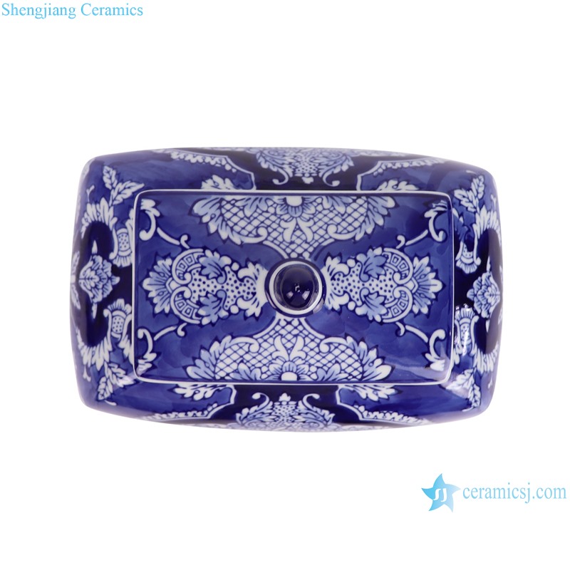 RXAE-FL21-437 Blue and White Porcelain Twisted flower pattern Square shape ceramic Lidded Jar--top view