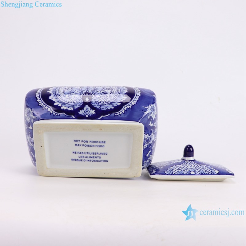 RXAE-FL21-437 Blue and White Porcelain Twisted flower pattern Square shape ceramic Lidded Jar--bottom view