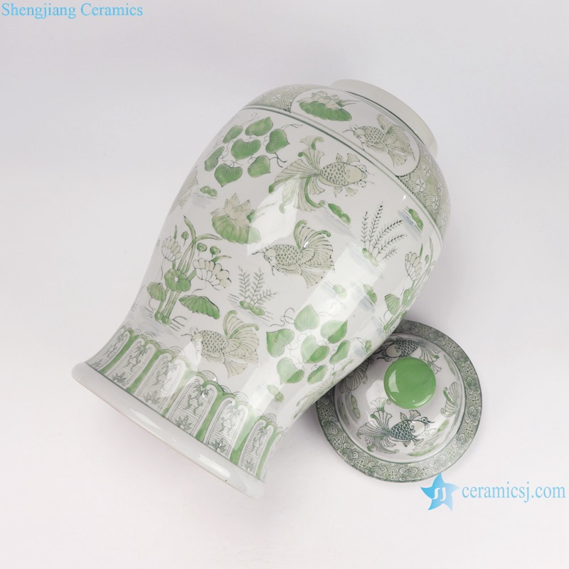 RXAE-FL22-313G New Green and white fish and alga pattern ceramic temple jar for home decoration