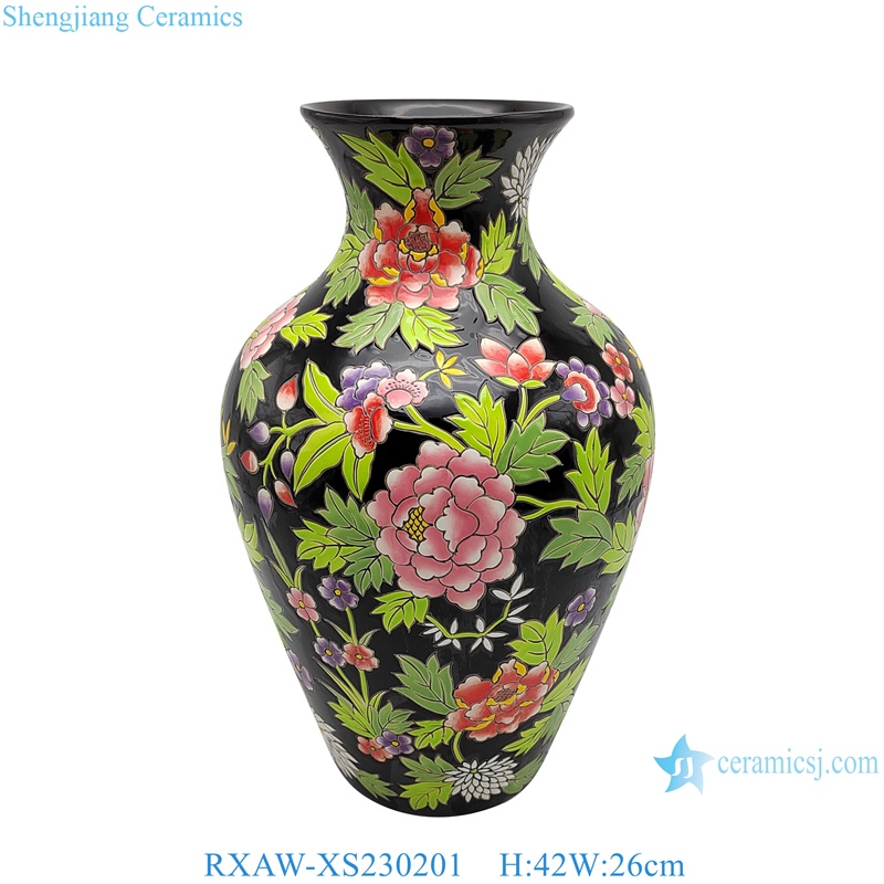 RXAW-XS230201 Black colored peony Flower patterned fish tail bottle Ceramic Flower Vase