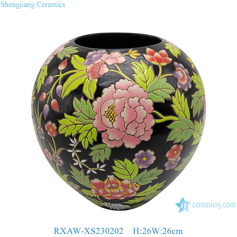 RXAW-XS230202 Black colored peony Flower patterned Ceramic flower pot