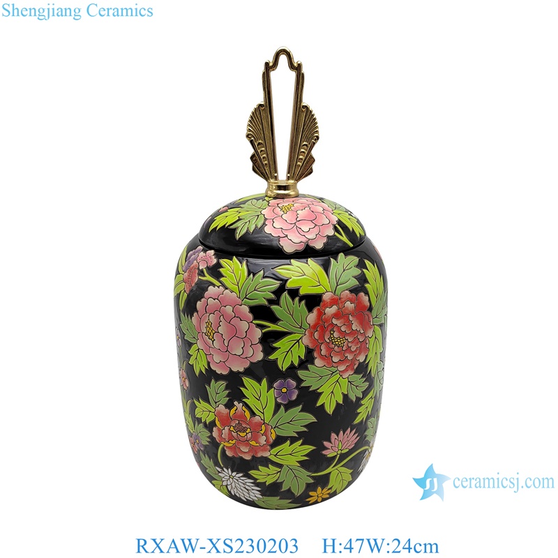 RXAW-XS230203 Black colored peony pattern jar with copper ring cover