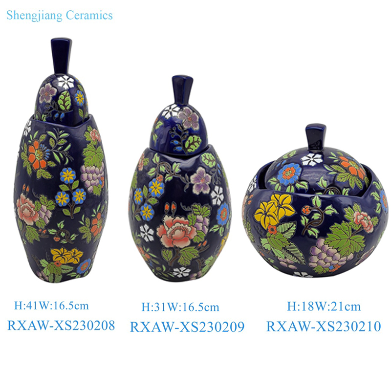 RXAW-XS230208 Blue Color Glazed Colorful Grape pattern Ceramic Tin Jars Canister