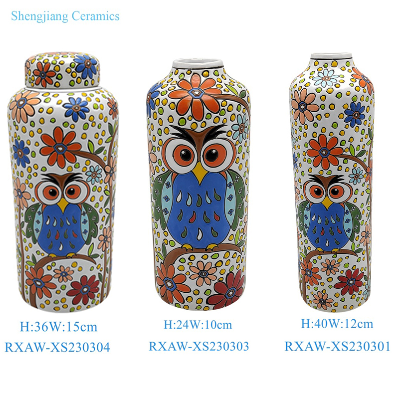 RXAW-XS23 Colorful painted owl, flower and bird Pattern Ceramic Flat Lid Jar pot