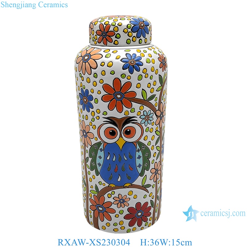 RXAW-XS230304 Colorful painted owl flower pattern Ceramic flower pot lidded Jar