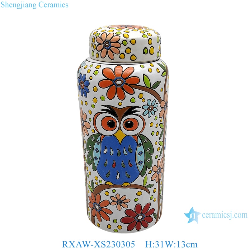 RXAW-XS230305 Colorful painted owl flower pattern Ceramic flower pot lidded Jar