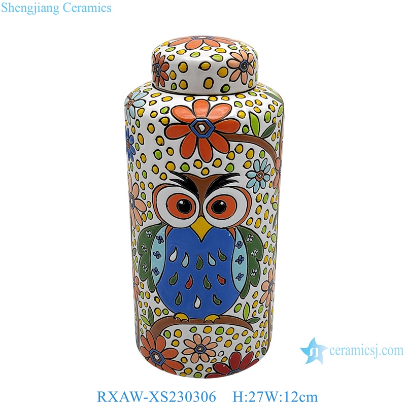 RXAW-XS230306 Colorful painted owl flower pattern Ceramic flower pot lidded Jar