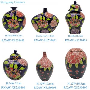 RXAW-XS23040 Black Color Glazed peony flower Painted flat belly holding moon vase Porcelain Ginger Jar