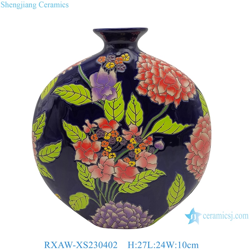 RXAW-XS230401 Black Color Glazed peony flower Painted flat belly holding moon vase