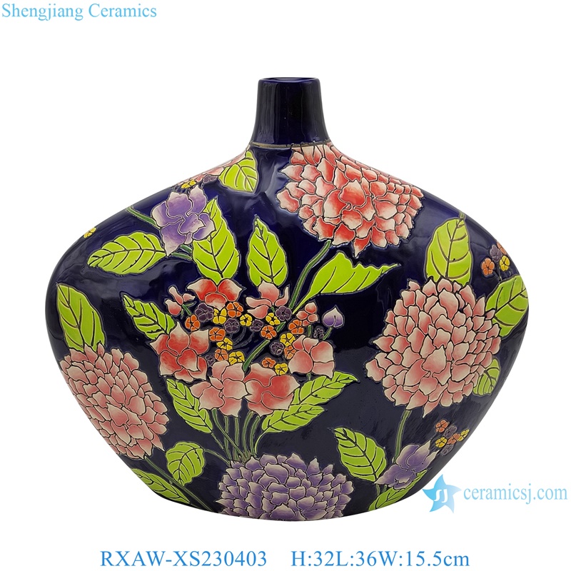 RXAW-XS230403 Black Color Glazed peony flower Painted flat belly mouth bottle ceramic flower vase
