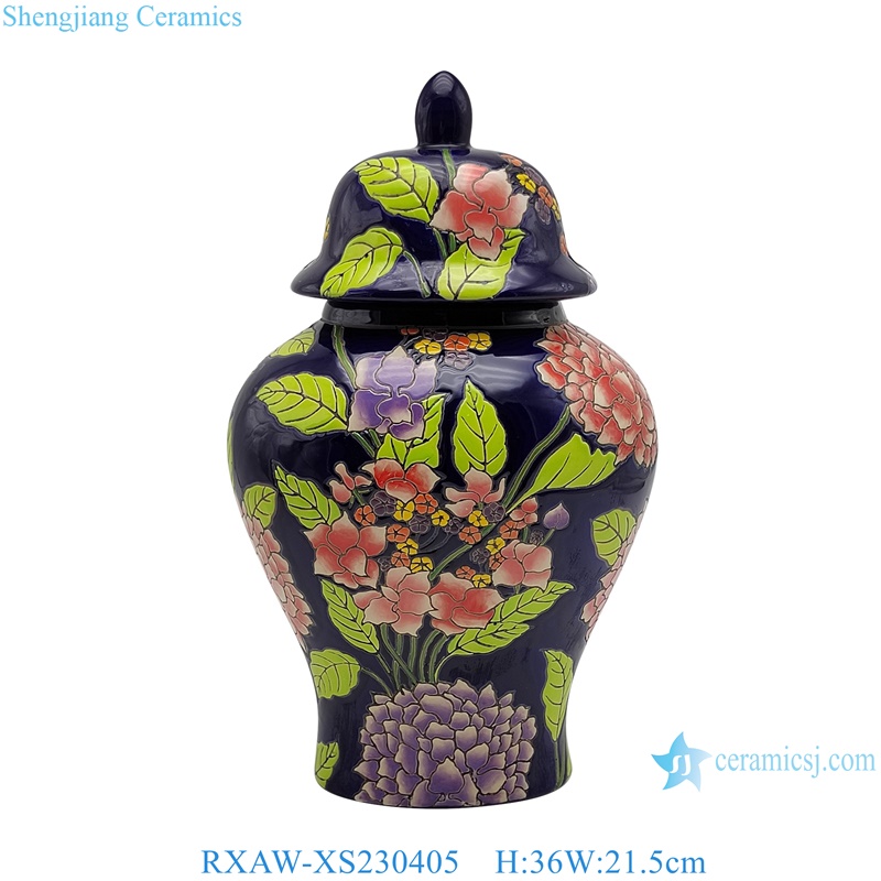 RXAW-XS230405 Black Color Glazed peony flower Painted porcelain Ginger jar