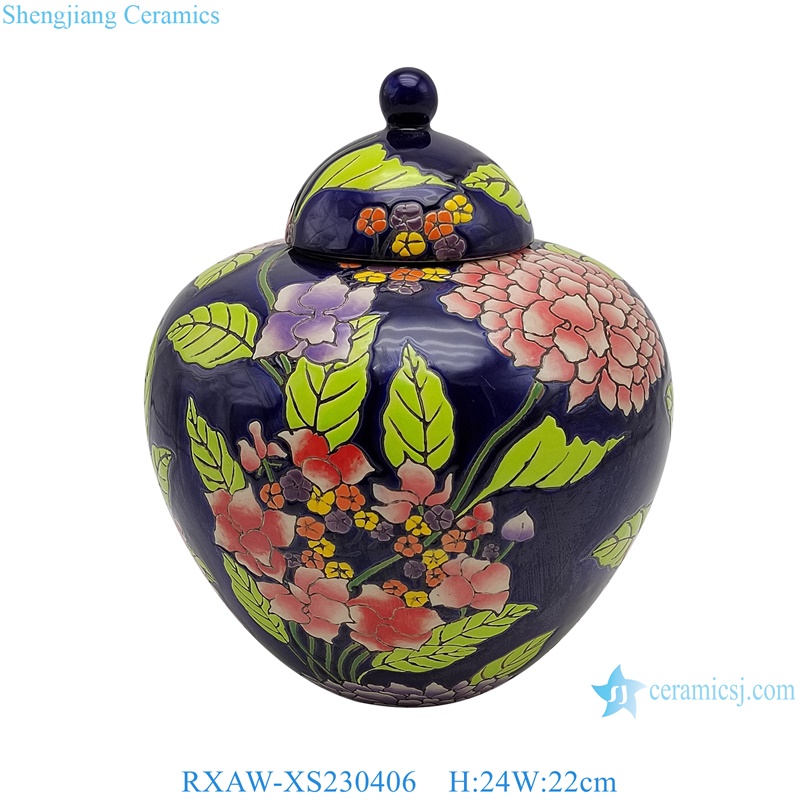 RXAW-XS230406 Black Color Glazed peony flower Painted porcelain Ginger jar