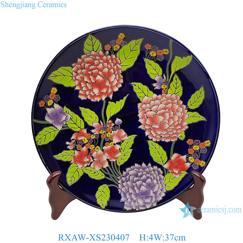 RXAW-XS230406 Black Color Glazed peony flower Painted Ceramic Decorative Plate