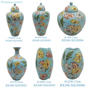 RXAW-XS230501 Blue Color Glazed Lotus flower painted Porcelaind Lidded Jar Ceramic pot flower vase