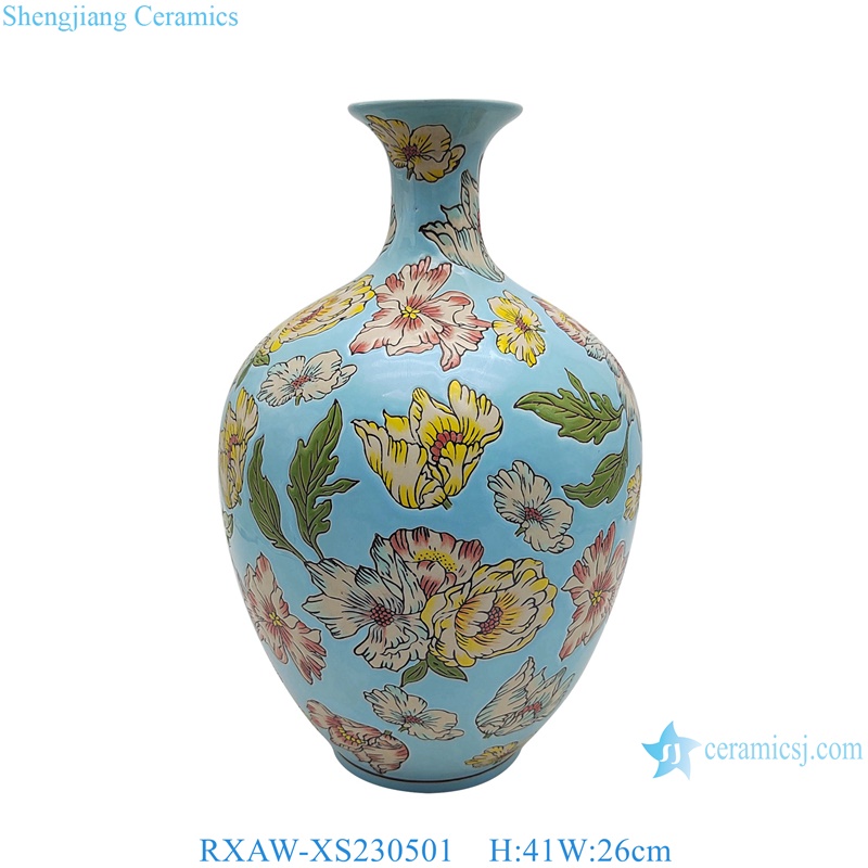 RXAW-XS230501 Blue Color Glazed Lotus flower painted Ceramic flower vase
