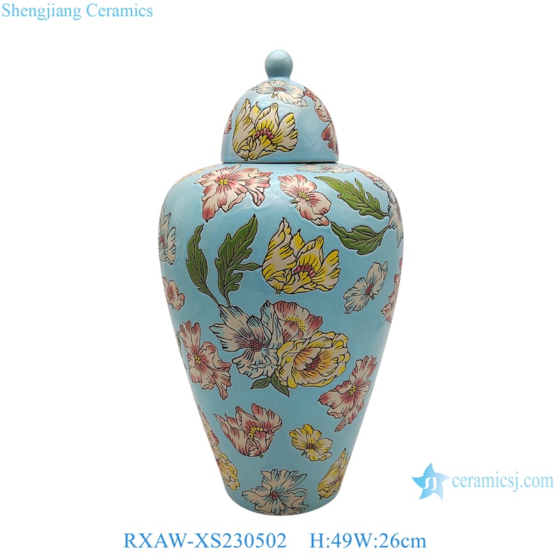 RXAW-XS230502 Blue Color Glazed Lotus flower painted Porcelaind Lidded Jar 