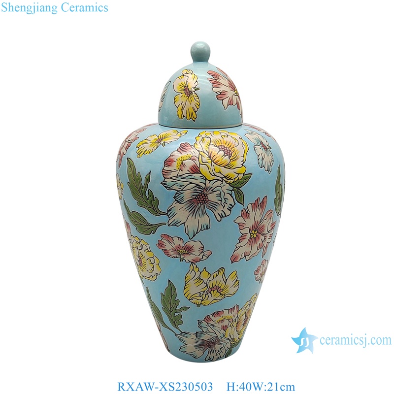RXAW-XS230503 Blue Color Glazed Lotus flower painted Porcelaind Lidded Jar 