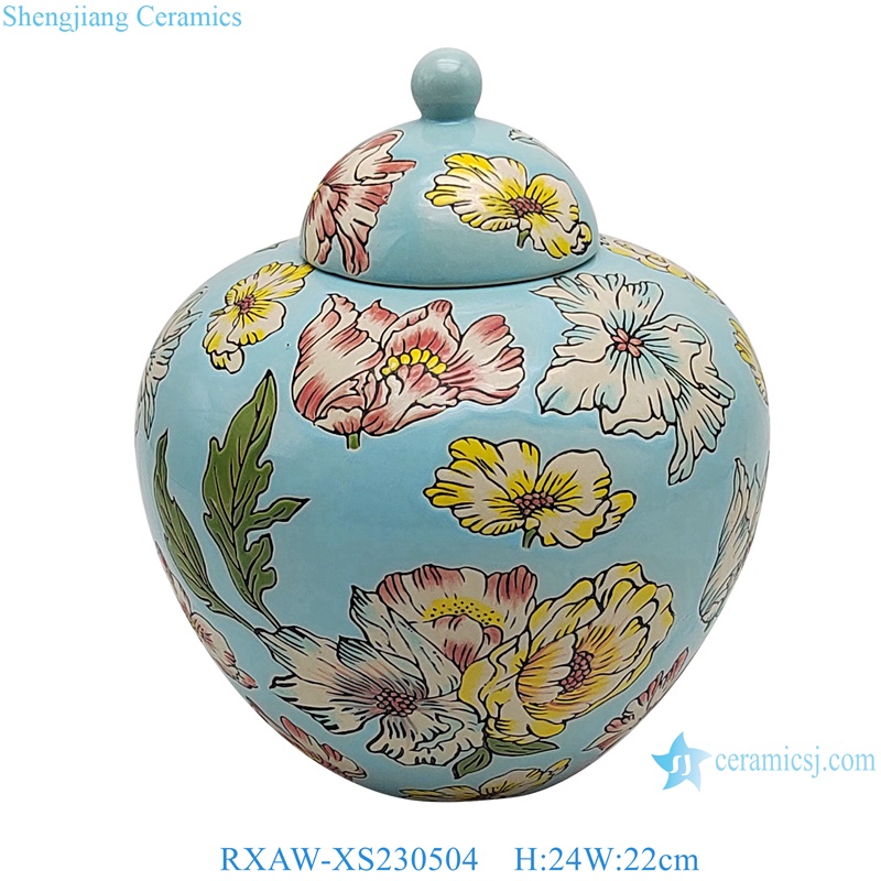RXAW-XS230504 Blue Color Glazed Lotus flower painted Porcelaind Lidded Jar 