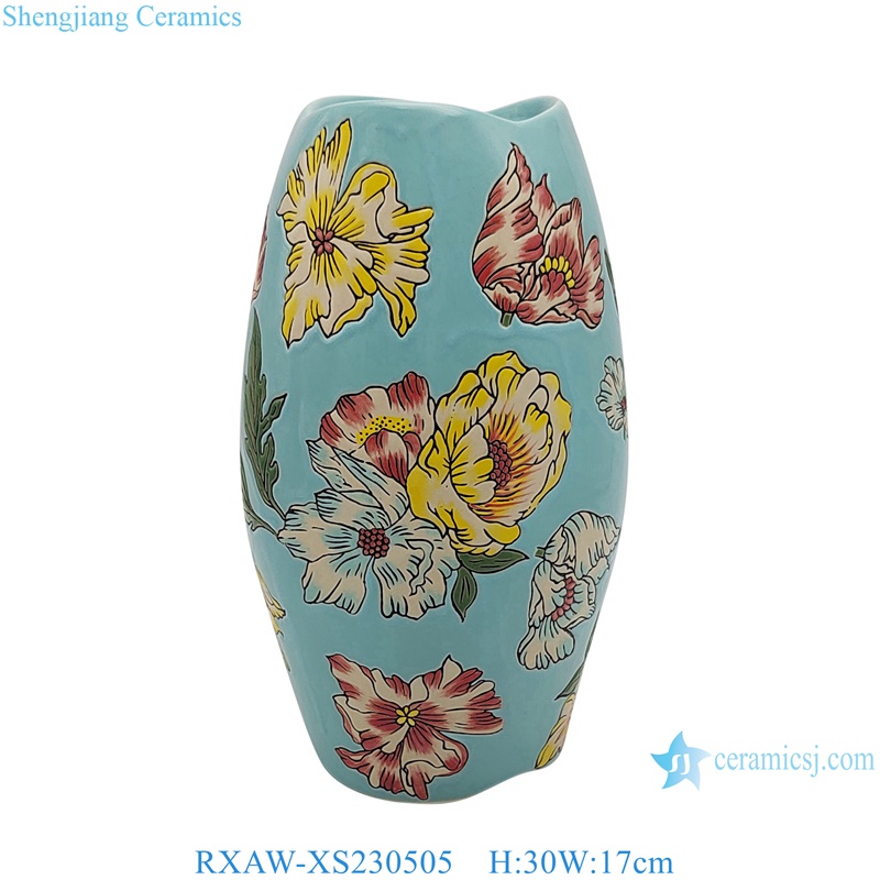 RXAW-XS230505 Blue Color Glazed Lotus flower painted Ceramic flower vase