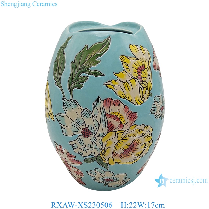 RXAW-XS230506 Blue Color Glazed Lotus flower painted Ceramic flower vase