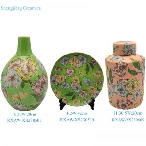 RXAW-XS230507 Green Color Glazed Colorful painted lotus Ceramic flower Vase Decorative plate