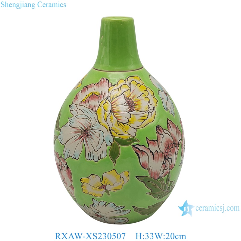 RXAW-XS230507 Green Color Glazed Colorful painted lotus Ceramic flower Vase