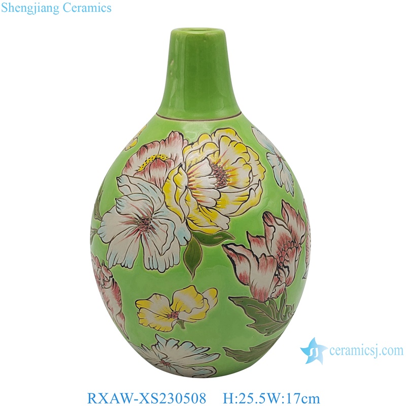 RXAW-XS230508 Green Color Glazed Colorful painted lotus Ceramic flower Vase 