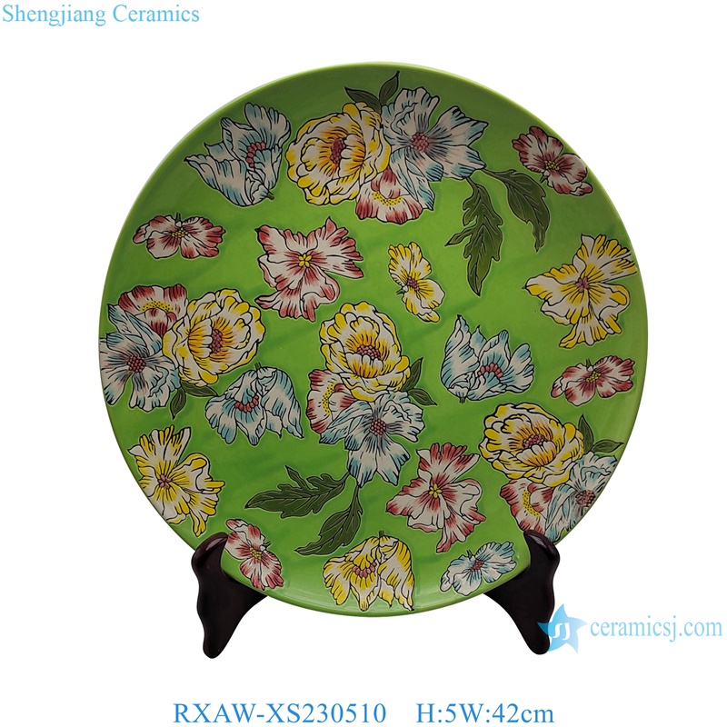 RXAW-XS230510 Green Color Glazed Colorful painted lotus Ceramic Decorative plate