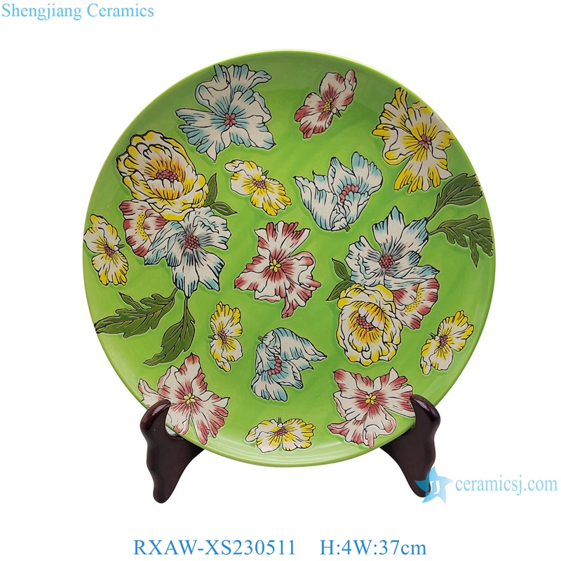 RXAW-XS230512 Green Color Glazed Colorful painted lotus Ceramic Decorative plate