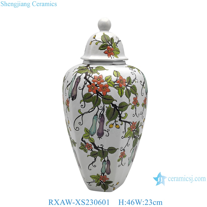 RXAW-XS230601 Colorful eggplant flower and fruit pattern White Ceramic Lidded Jar