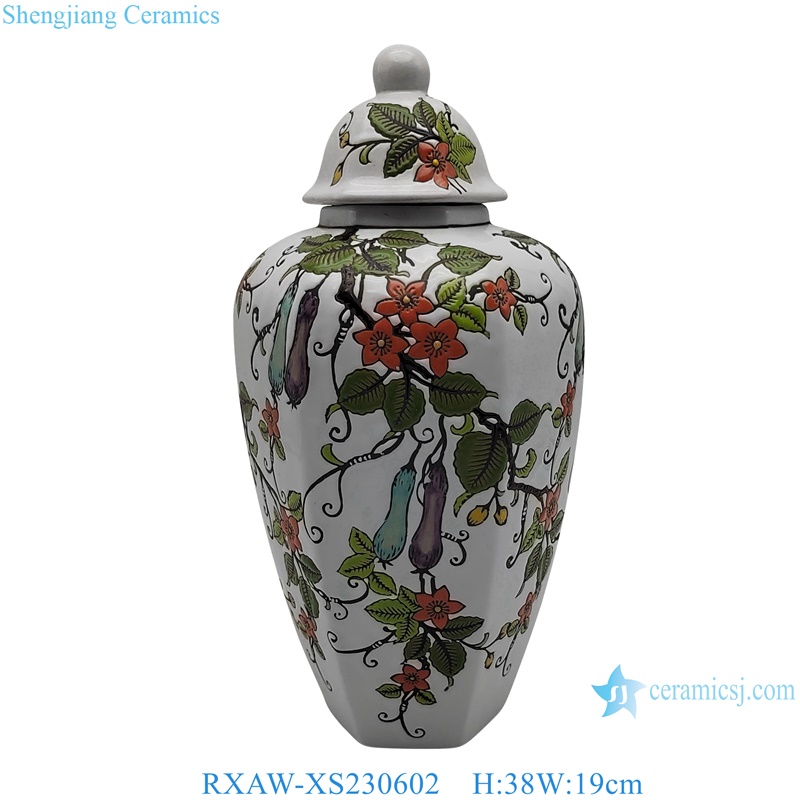 RXAW-XS230602 Colorful eggplant flower and fruit pattern White Ceramic Lidded Jar