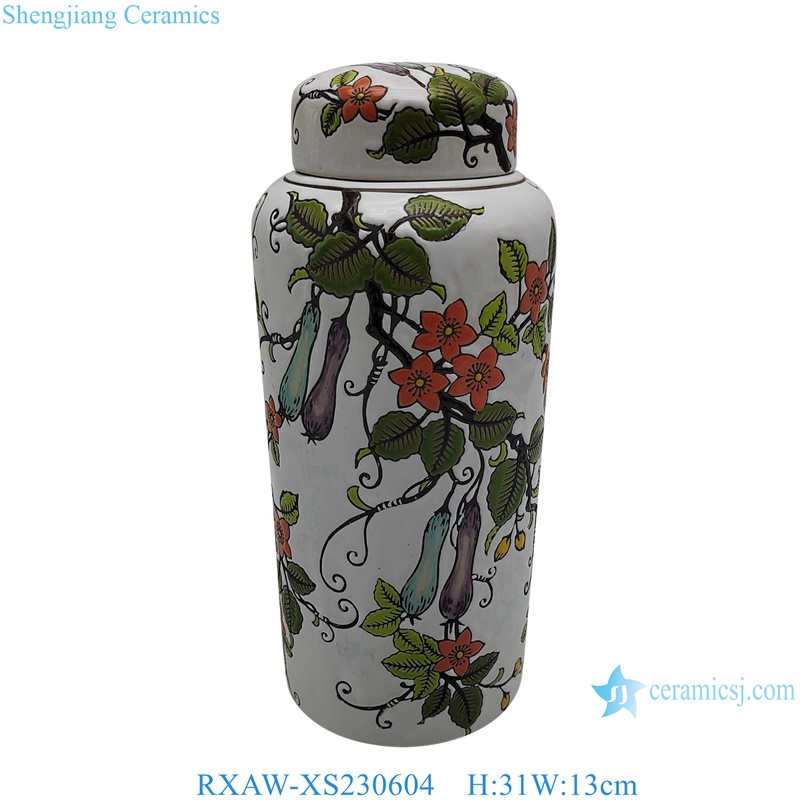 RXAW-XS230604 Colorful eggplant flower and fruit pattern White Cylinder Ceramic Lidded Jar