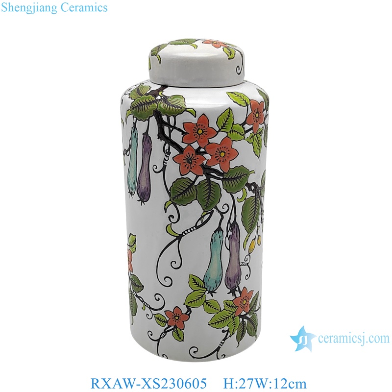 RXAW-XS230605 Colorful eggplant flower and fruit pattern White Cylinder Ceramic Lidded Jar