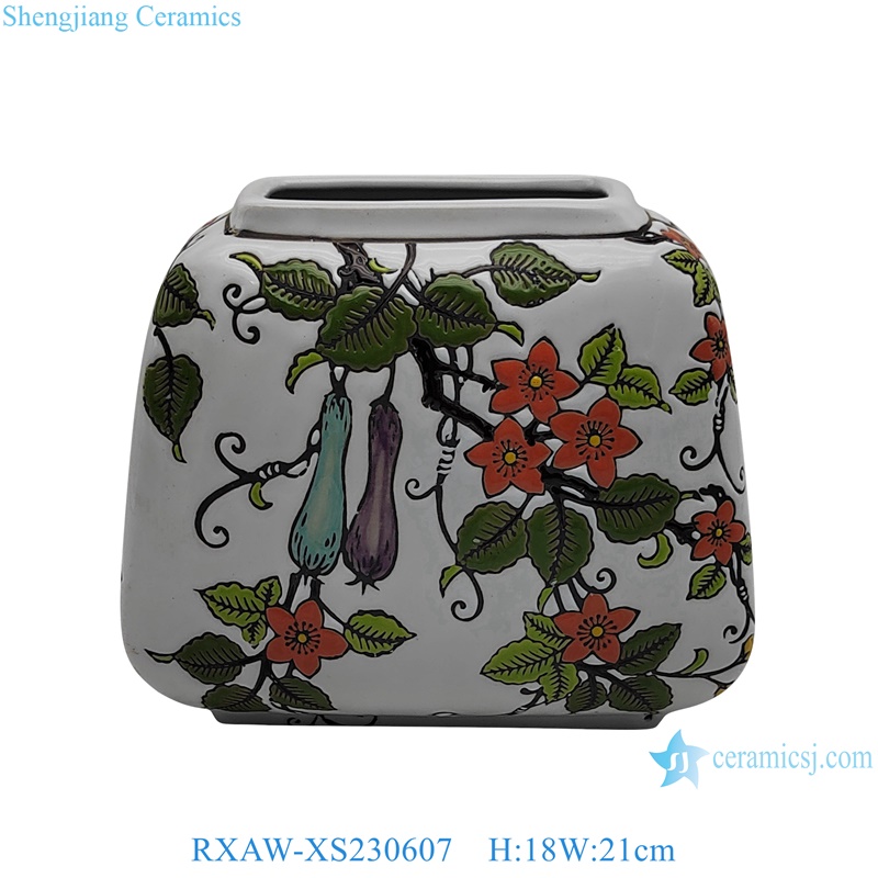 RXAW-XS230606 Colorful eggplant flower and fruit pattern bag shape White ceramic flower vase