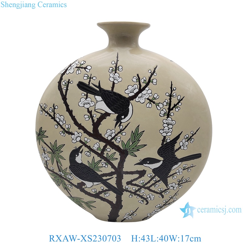 RXAW-XS230703 Grey and white happy eyebrows, flowers and birds Pattern Moon hold ceramic flower vase