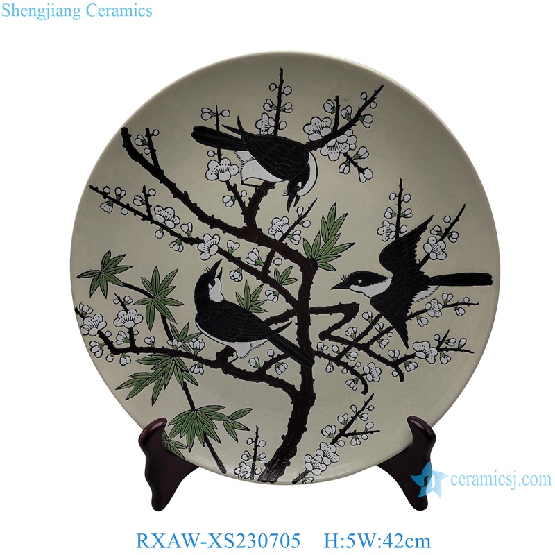 RXAW-XS230703 Grey and white happy eyebrows, flowers and birds Pattern ceramic decorative plate
