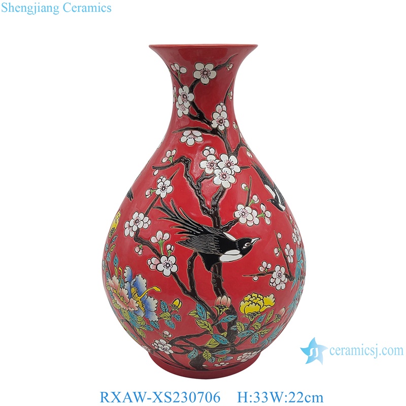 RXAW-XS230703 Red and Black happy eyebrows, flowers and birds Pattern ceramic flower Vase