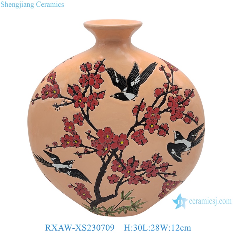 RXAW-XS230703 Pink and Black happy eyebrows, flowers and birds Pattern Moon hold ceramic flower Vase